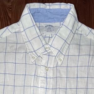 Brooks Brothers cotton linen button down LS sport shirt Regent blue windowpane